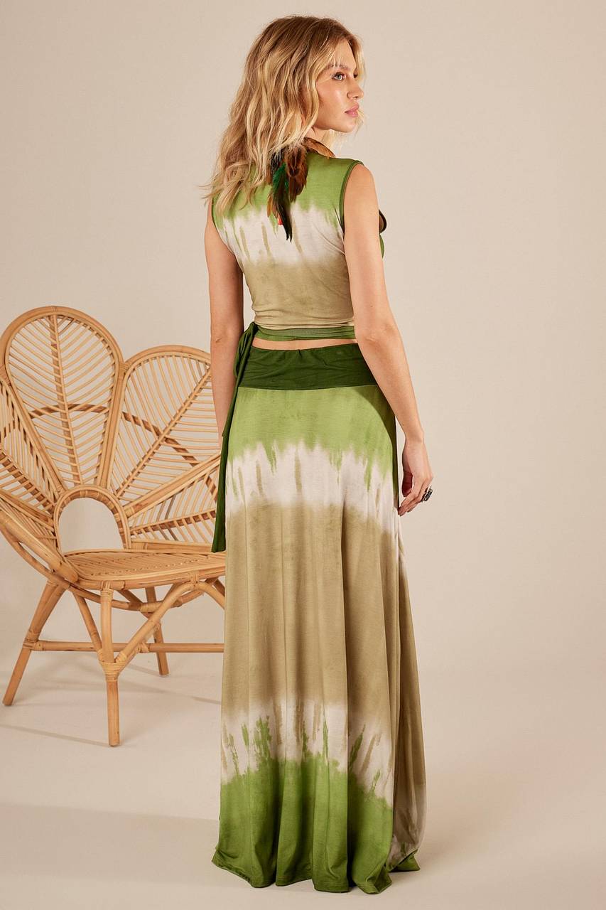 Yacamim Green Tie-Dye Digital Print Basic Long Skirt