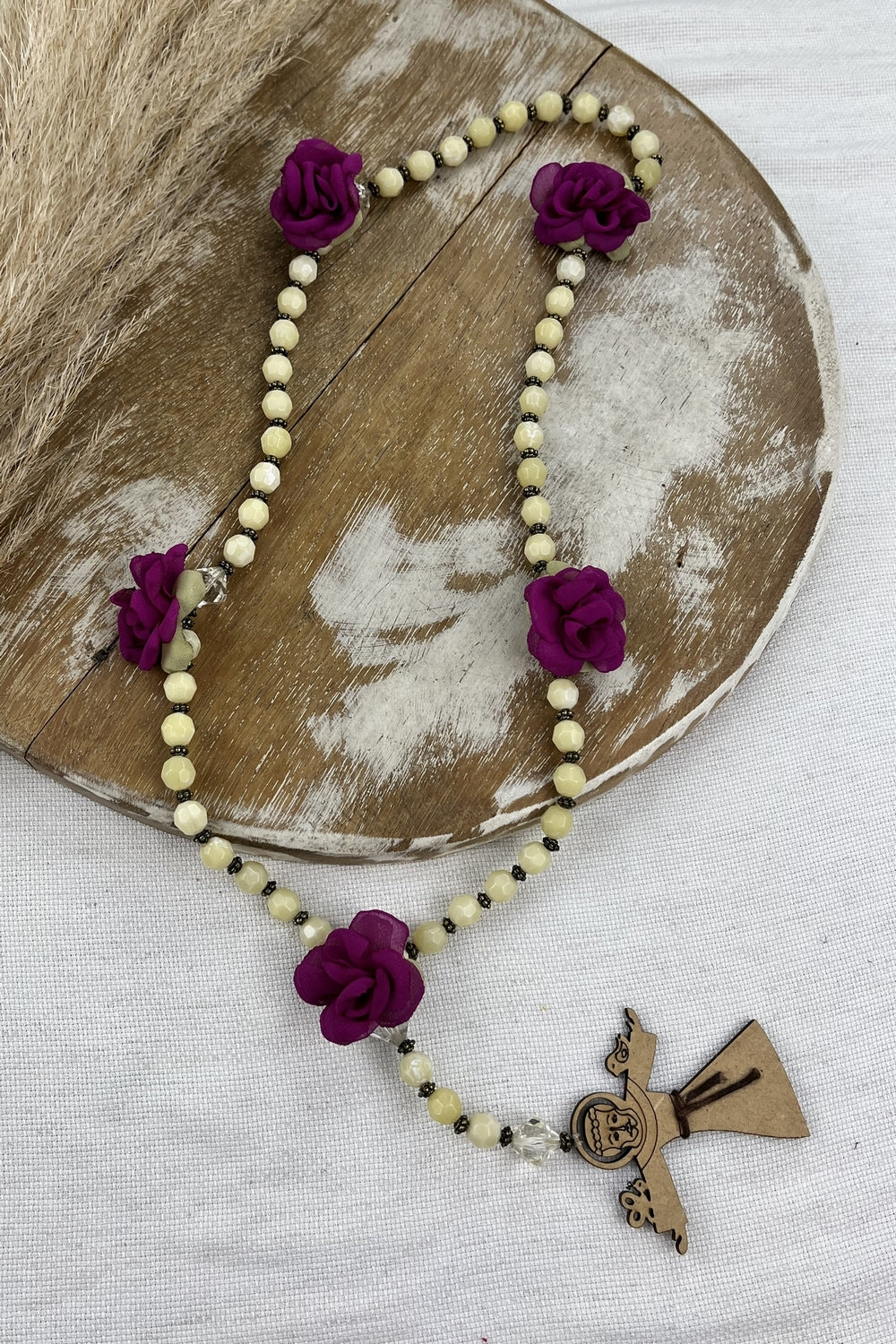 Yacamim #166 Saint Francis of Assisi Rosary Necklace with Purple Flowers