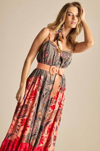 Yacamim D18 Grey and Pink Patchwork Long Dress with Adjustable Straps