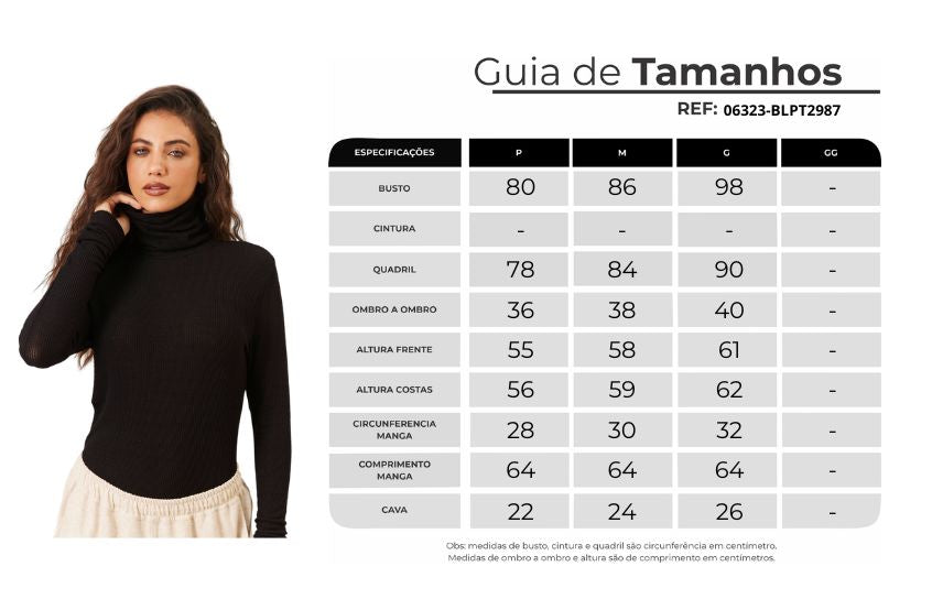 Blusa Canelada Com Gola Alta Mangas Justas Preta Yacamim S9