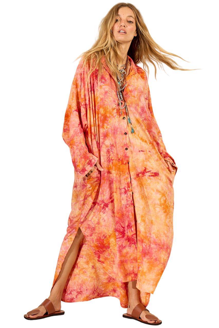 Yacamim Orange Tie-Dye Digital Print Long Loose Shirt