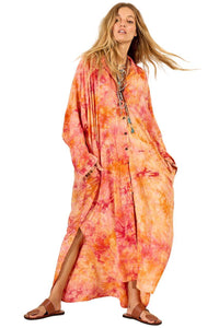 Yacamim Orange Tie-Dye Digital Print Long Loose Shirt