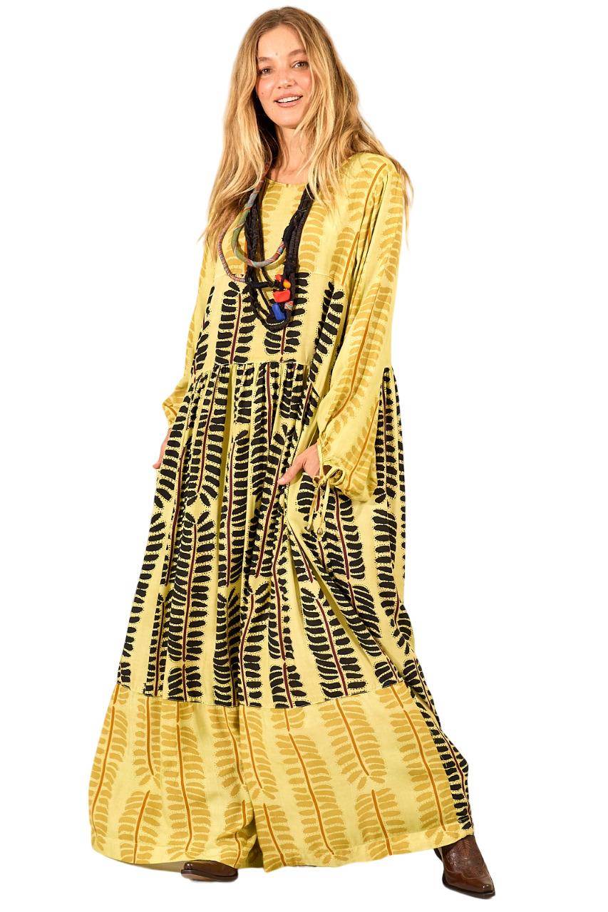Long Printed Patchwork Green Composed Dress with Pockets Yacamim