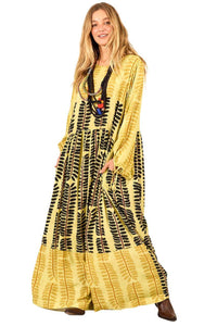 Long Printed Patchwork Green Composed Dress with Pockets Yacamim