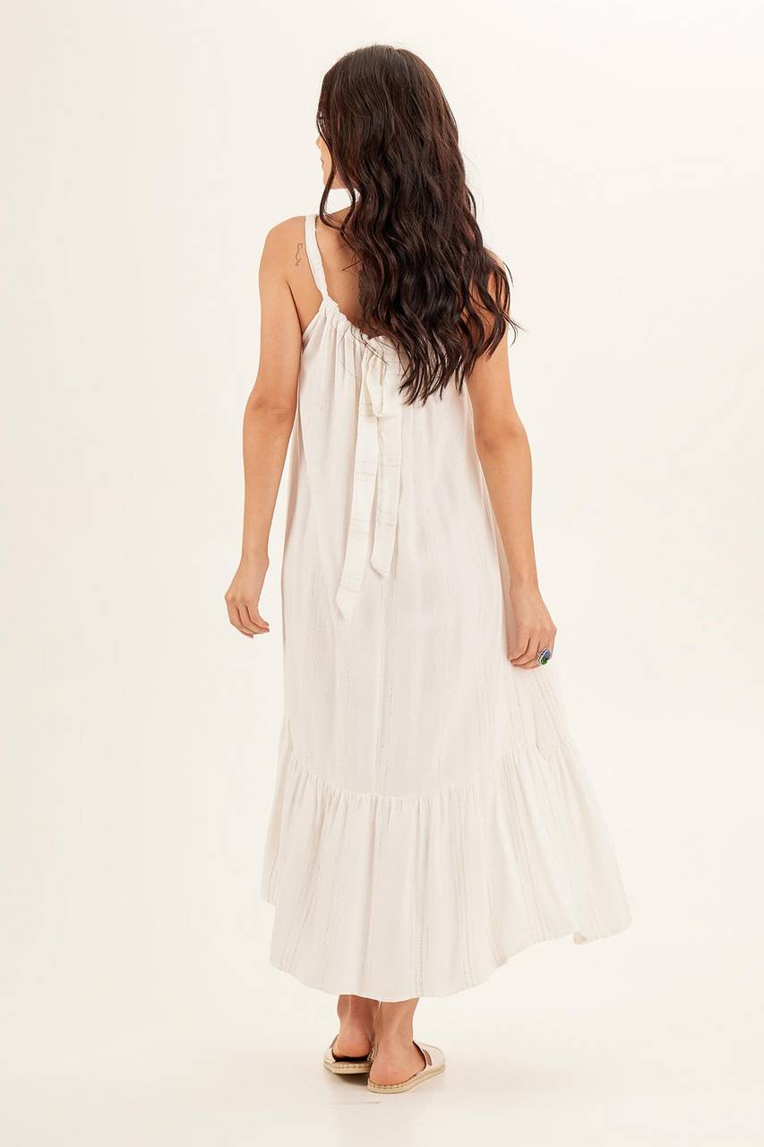 Yacamim Striped Off-White Loose Midi Dress with Straps