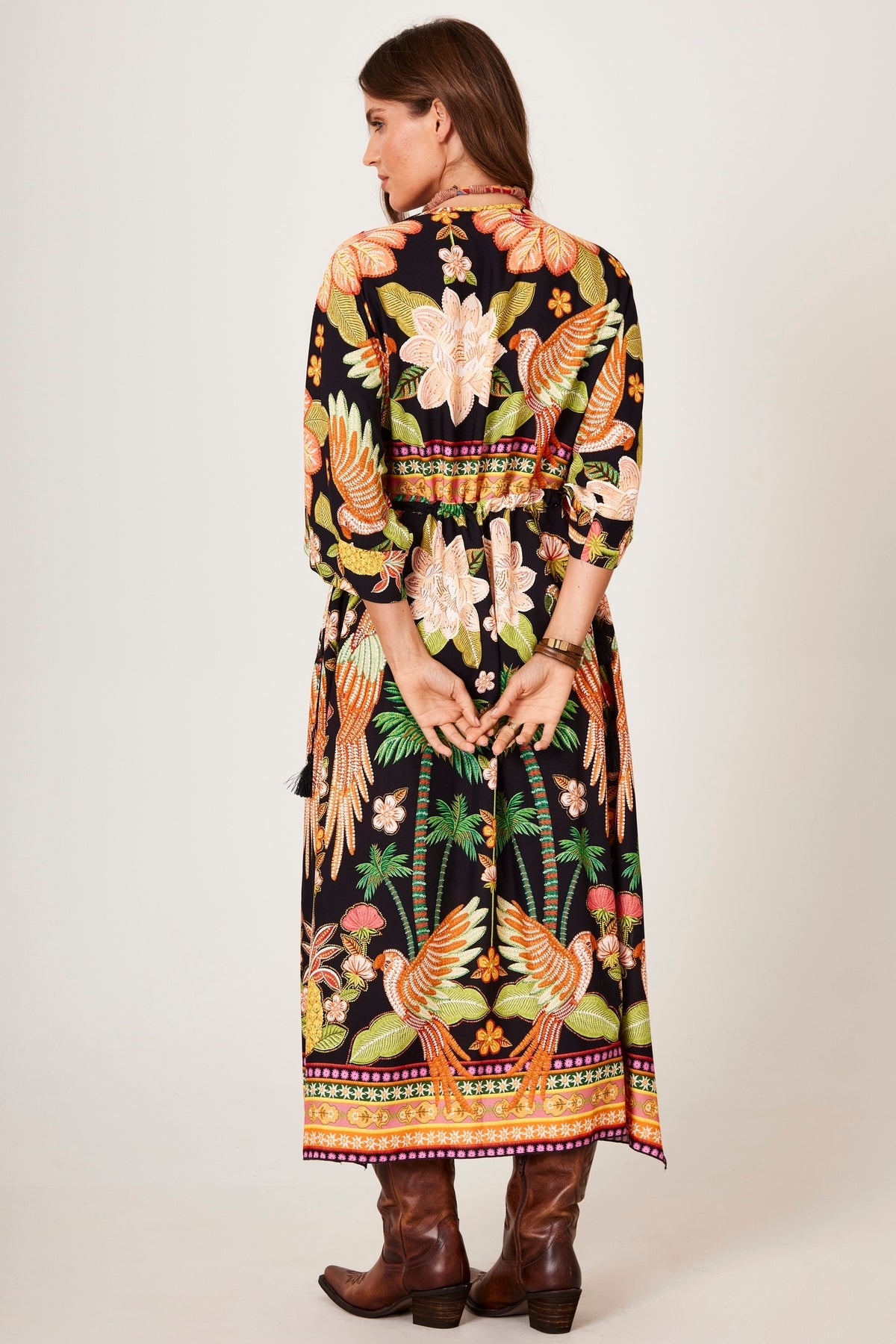 Black and Orange Midi Kaftan with Tropical Print Yacamim J4