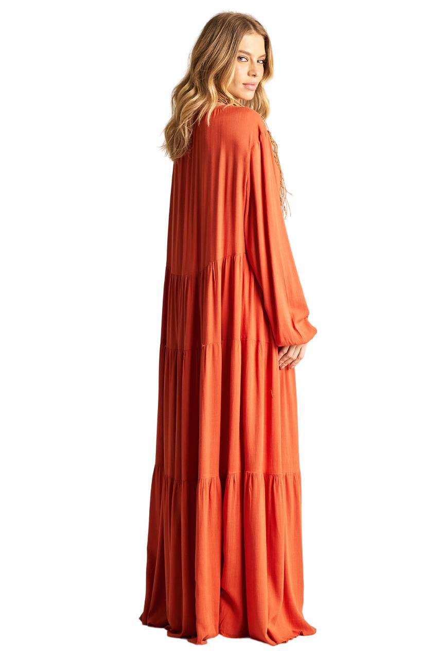 Rust Orange Three-Tiered Long Dress Yacamim D1