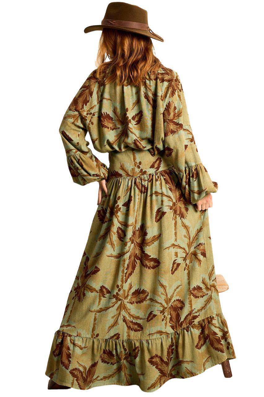 Yacamim A29 Printed Green Linen Long Skirt with Ruffles