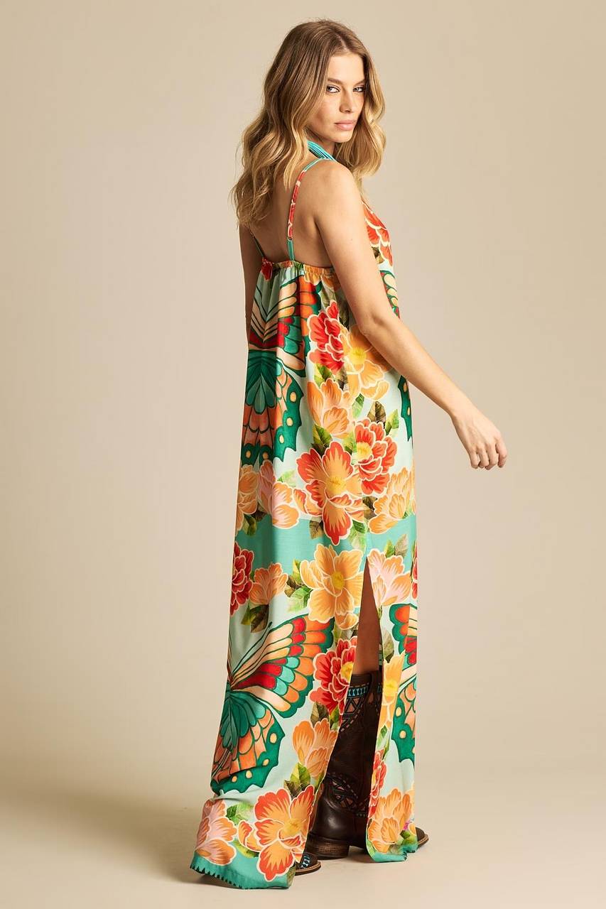Yacamim Butterfly Print Long Dress with Adjustable Straps E12