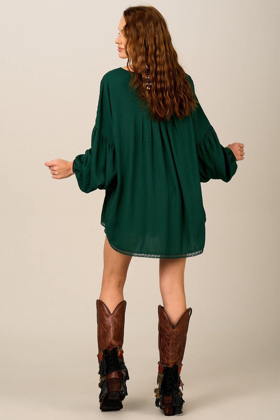Yacamim Dark Green Loose Tunic with Lace B3
