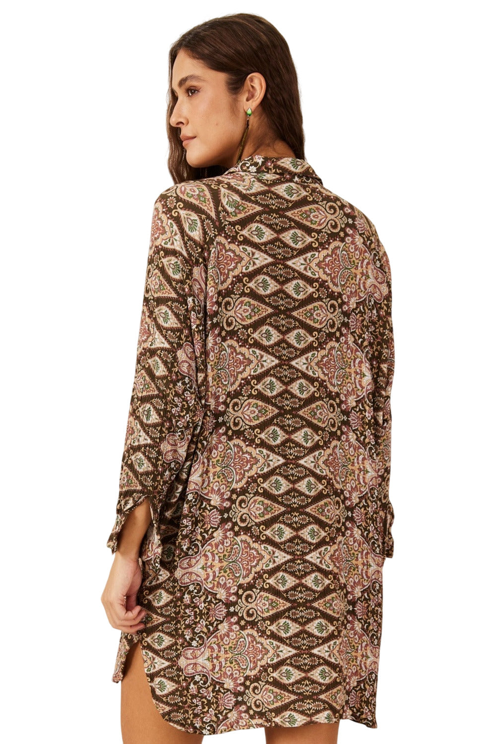 Yacamim P9 Brown Loose Paisley Print Shirt