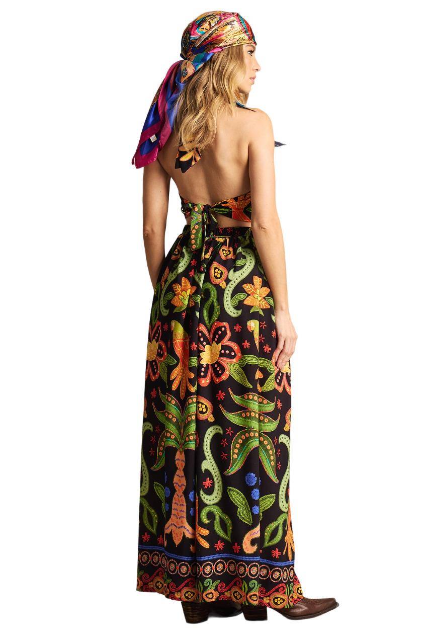 Long Skirt with Elastic Waist Black Printed Yacamim A25