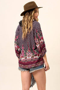 Wide Baju with Mandarin Collar Pink Cashmere Print Yacamim B15