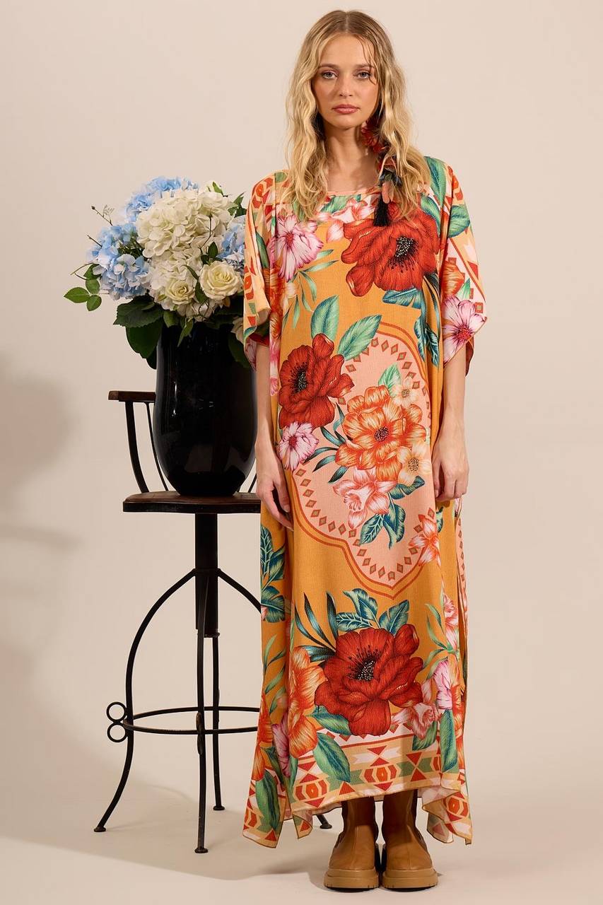 Yacamim J1 Wide Orange Printed Kaftan