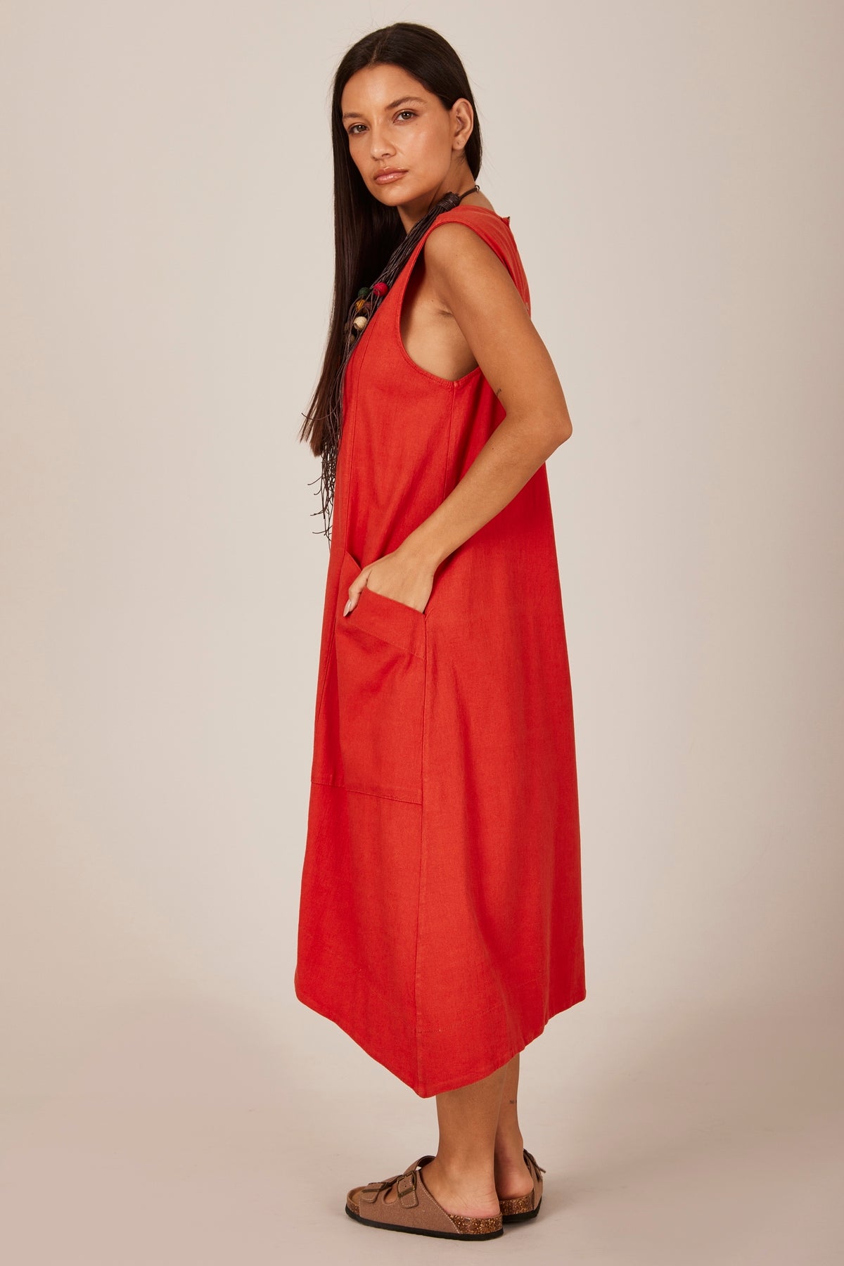 Yacamim C27 Plain Terracotta Linen Sleeveless Short Dress