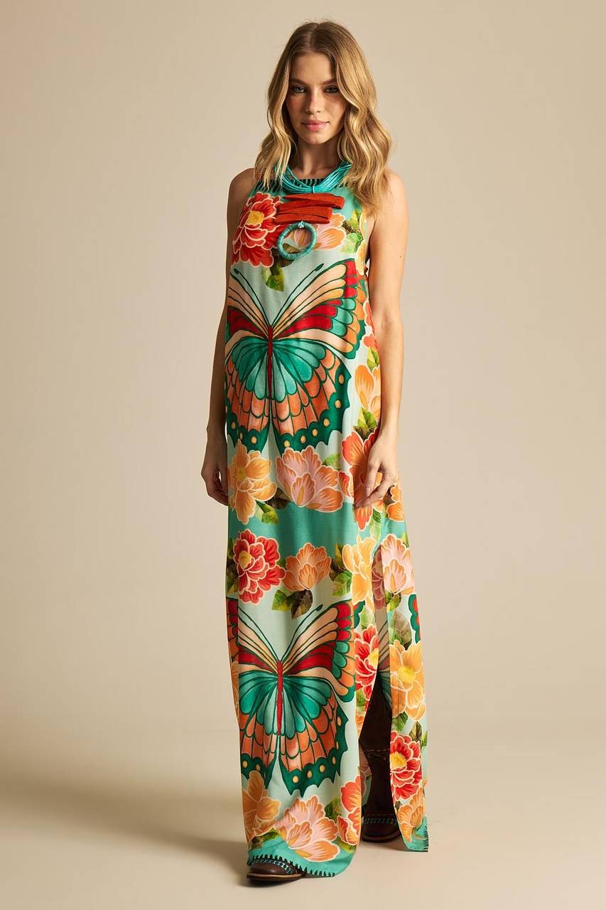 Yacamim Butterfly Print Long Dress with Adjustable Straps E12