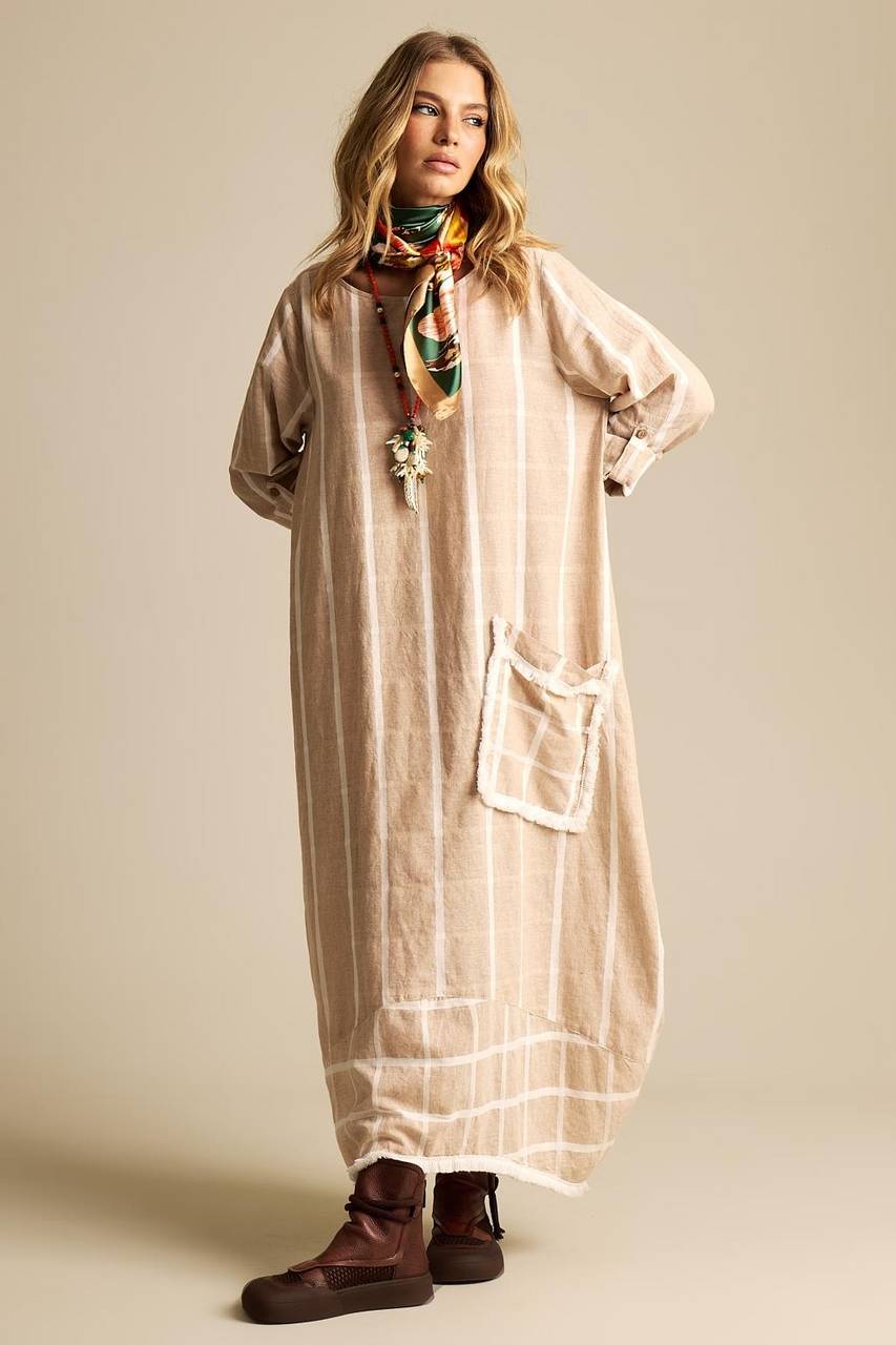 Vestido Longo De Linho Bege Listrado Yacamim C7