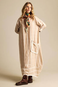 Vestido Longo De Linho Bege Listrado Yacamim C7