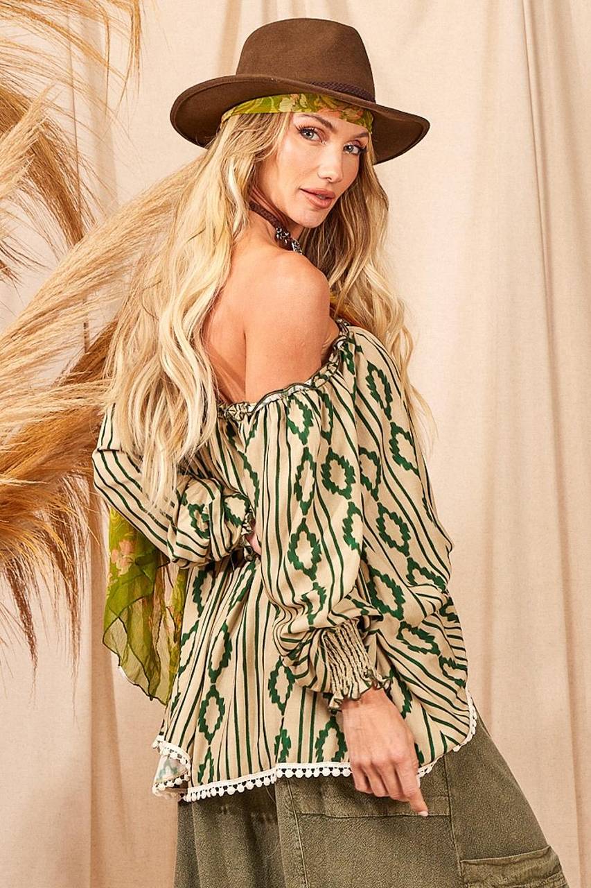 Yacamim Green Printed Peasant Blouse With Puffy Long Sleeves
