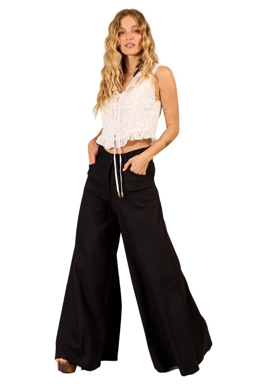 Black Viscose Linen Palazzo Pants Yacamim G10