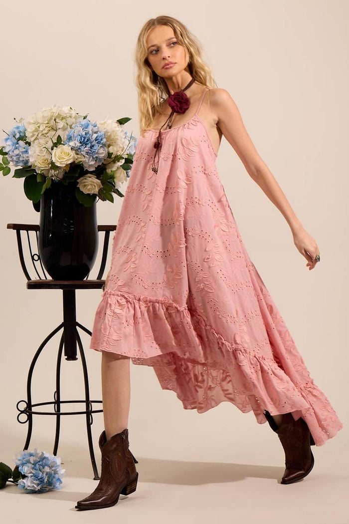 Yacamim Women's Mullet Broderie Dress with Embroidered Flowers Rosé D8