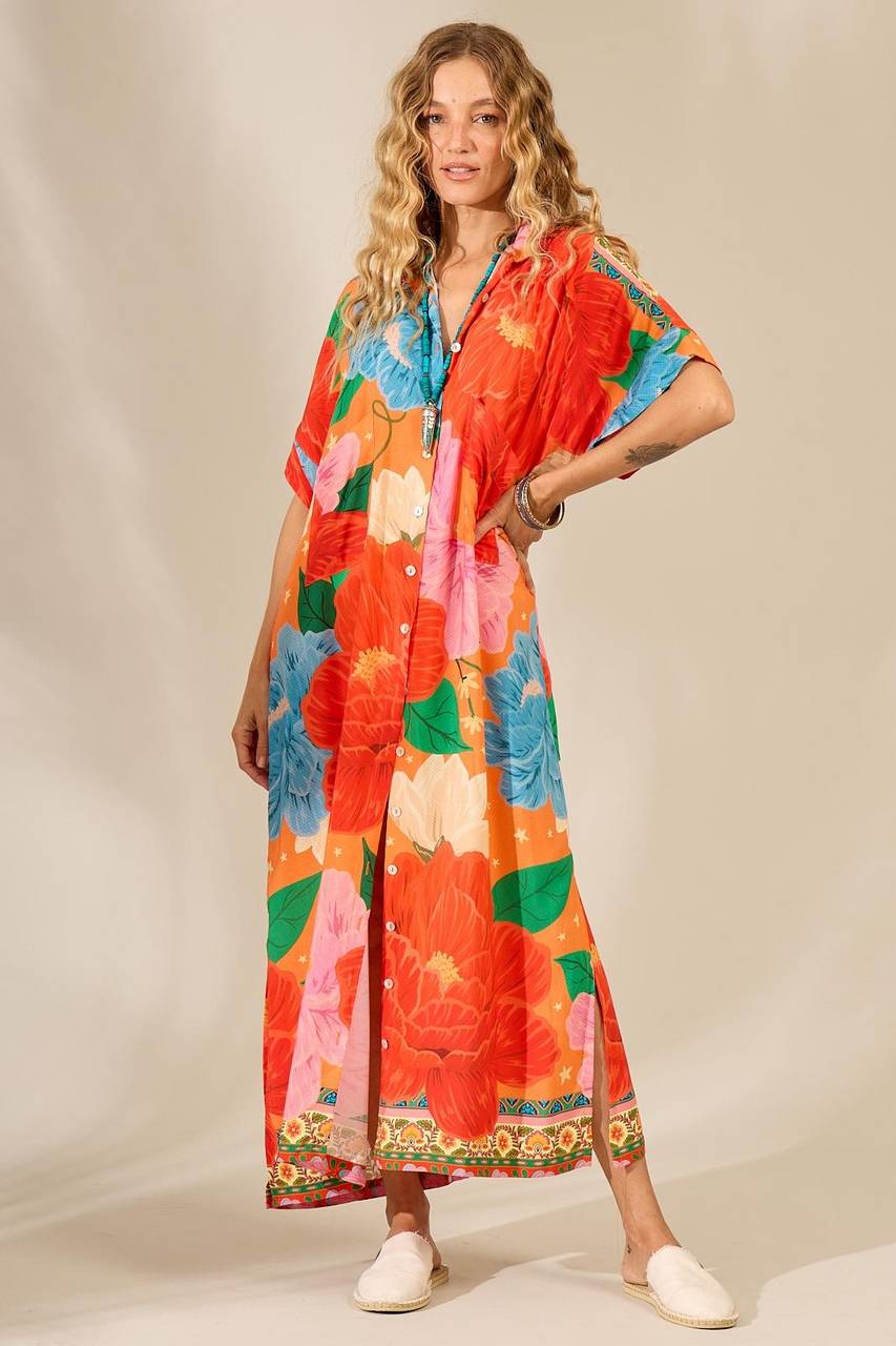 Yacamim Printed Red Long Shirt with Short Sleeves
