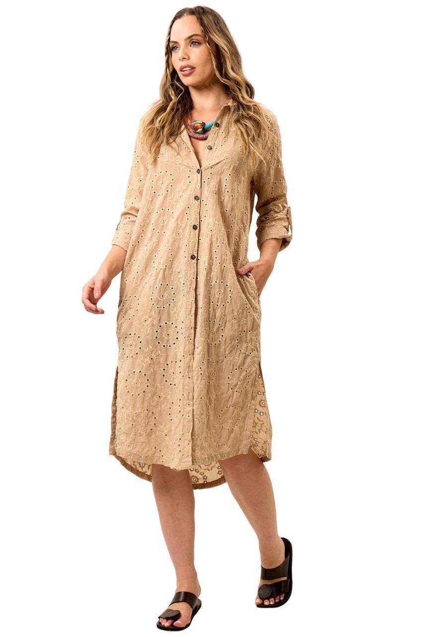 Dark Beige Embroidered Midi Shirt Yacamim N2