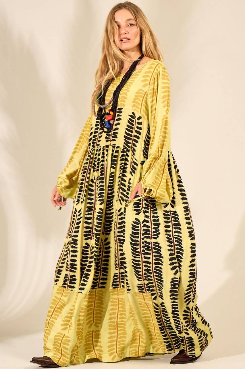 Long Printed Patchwork Green Composed Dress with Pockets Yacamim