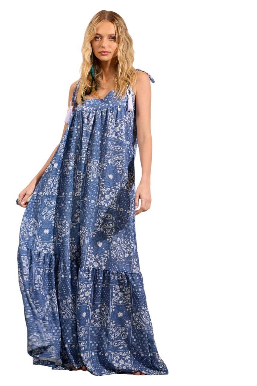 Yacamim E4 Blue Cashmere Print Long Dress with Straps and Asymmetrical Cut