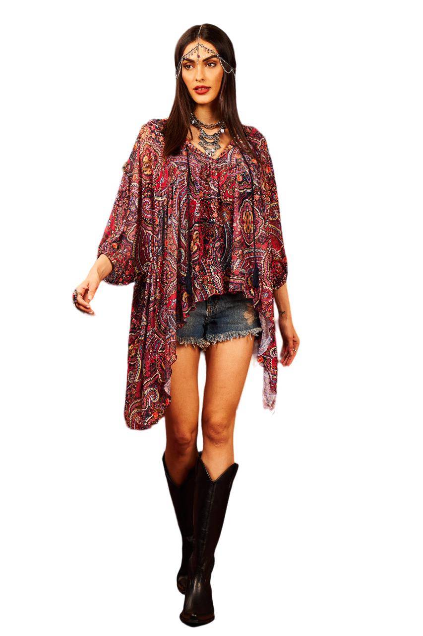 Yacamim Printed Cashmere Loose V-Neck Mullet Tunic