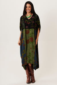 Yacamim Black and Green Patchwork Midi Kaftan I5