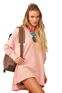 Yacamim Light Pink Basic V-Neck Tunic Top