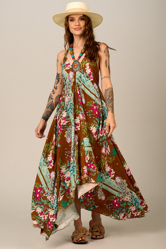 Yacamim Paisley Print Brown Halter Maxi Dress E9