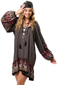 Yacamim Black Printed Short Dress with Long Puff Sleeves