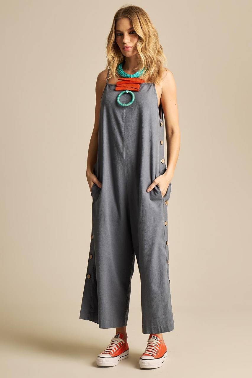 Yacamim Women's Grey Pantacourt Jumpsuit with Adjustable Straps and Side Buttons O2