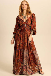 Yacamim Brown Patchwork Print Long V-Neck Off-Shoulder Dress