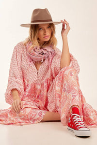 Pink Light Patchwork V-Neck Long Chemise Dress Yacamim