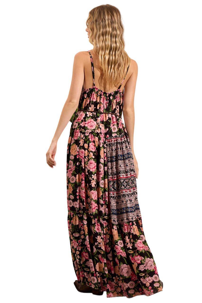 Yacamim Patchwork Print Black Long Dress with Side Slits