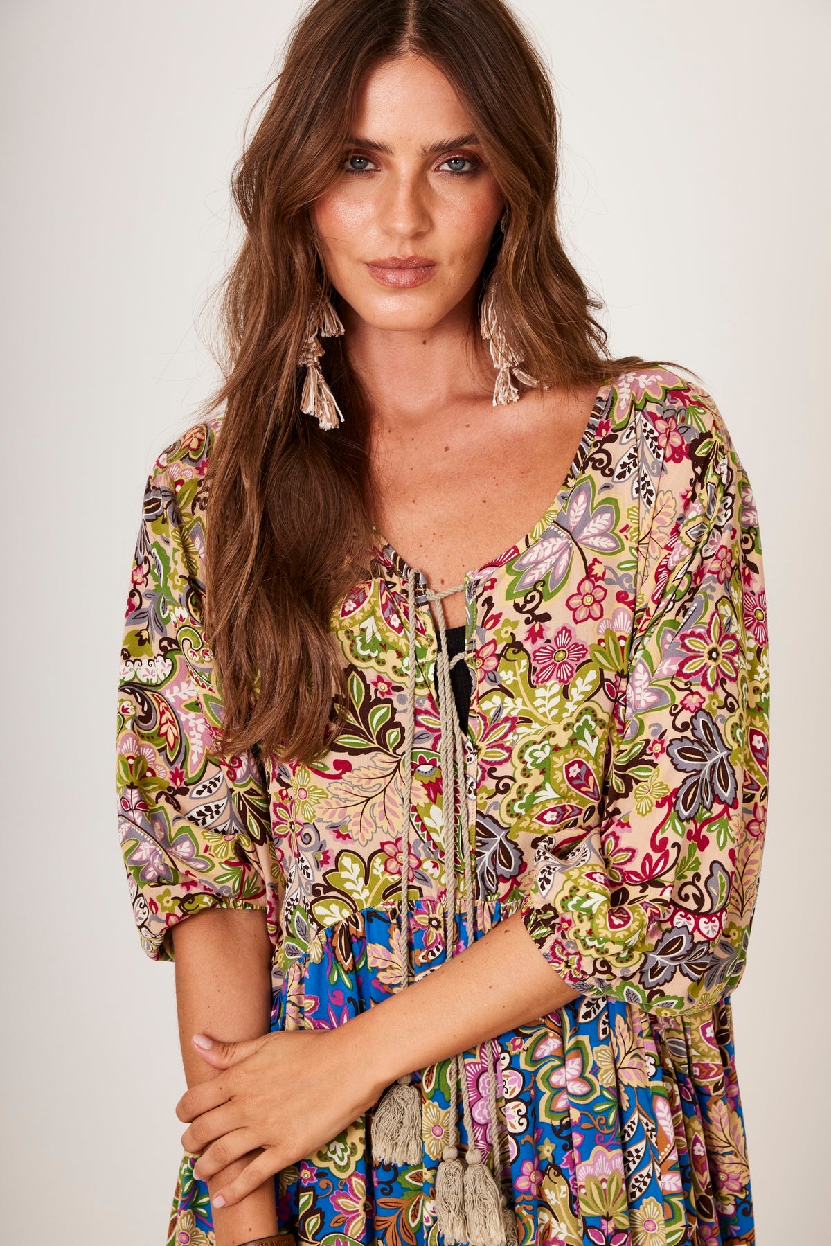 Long Dress With 3/8 Sleeves Green Patchwork Yacamim E14