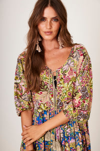 Long Dress With 3/8 Sleeves Green Patchwork Yacamim E14