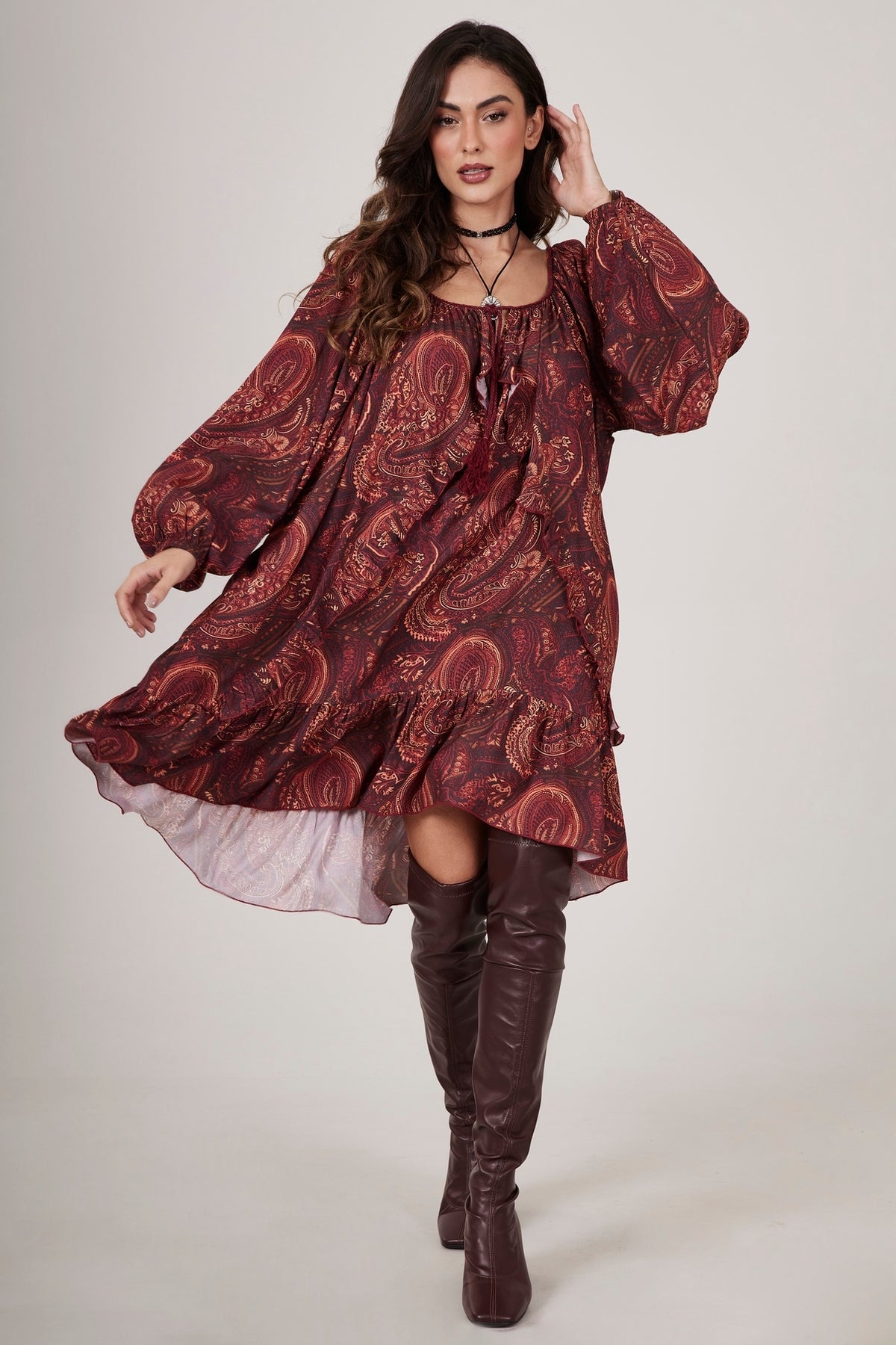 Yacamim D18 Paisley Print Burgundy Short Dress