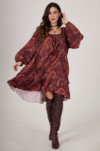 Yacamim D18 Paisley Print Burgundy Short Dress