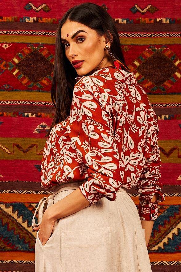Yacamim Terracotta Printed Long-Sleeved Shirt with Front Pocket