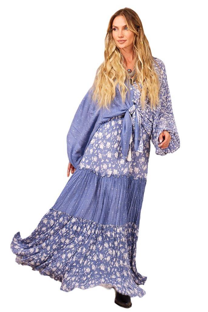 Yacamim Blue Patchwork Ruffled High-Waisted Skirt