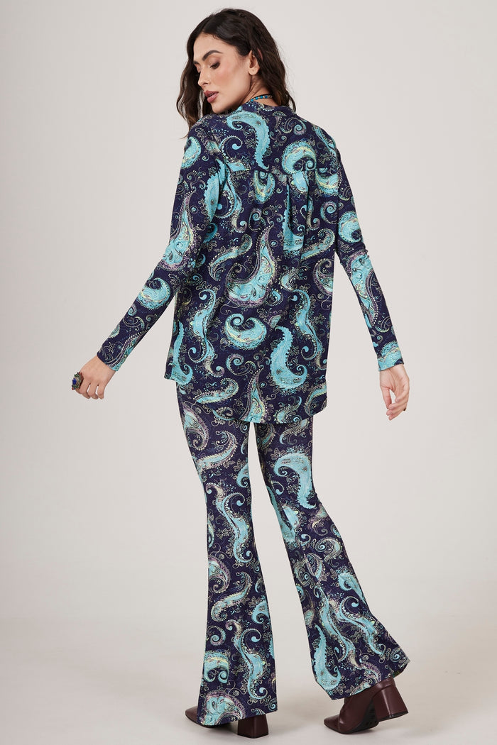 Yacamim A15 Blue Cashmere Print Flare Pants with Pockets