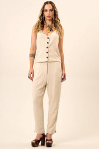 Yacamim Beige Viscose Linen Tailored Pants with Pockets