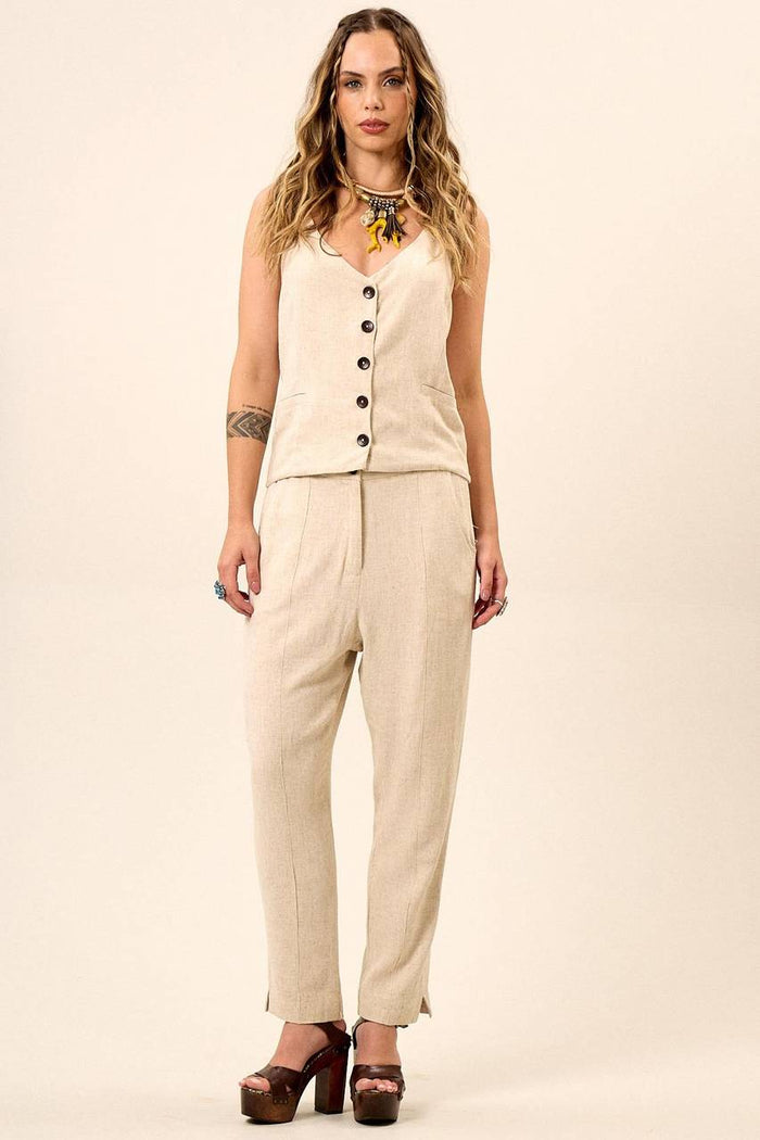 Yacamim Beige Viscose Linen Tailored Pants with Pockets