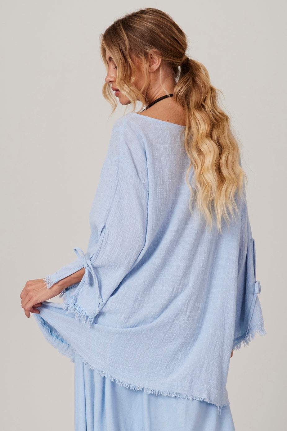 Light Blue Wide Canoe Neck Blouse Yacamim A28