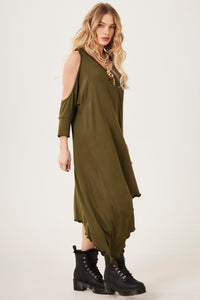 Yacamim E4 Plain Moss Green Short Dress with Side Points
