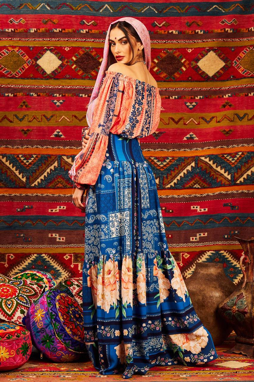 Yacamim G2 Blue Printed High-Waisted Long Skirt
